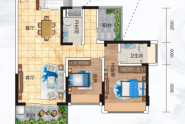92平户型， 3室2厅2卫1厨， 建筑面积约92.00平米